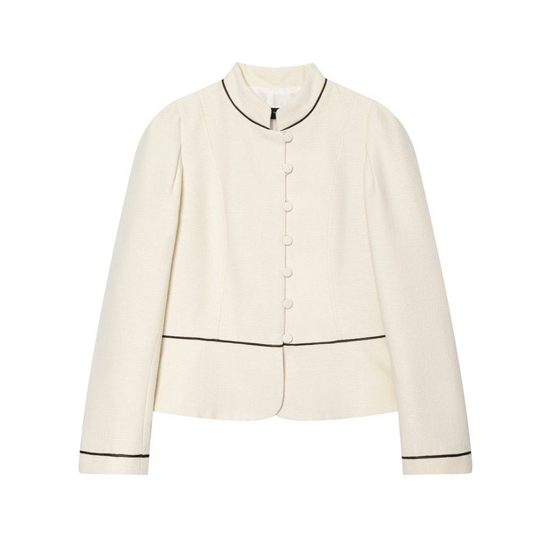 Women Bouclé-Tweed Short Jacket with Stand-Up Collar, Tailored Cut and Contrast Piping Chichicherry