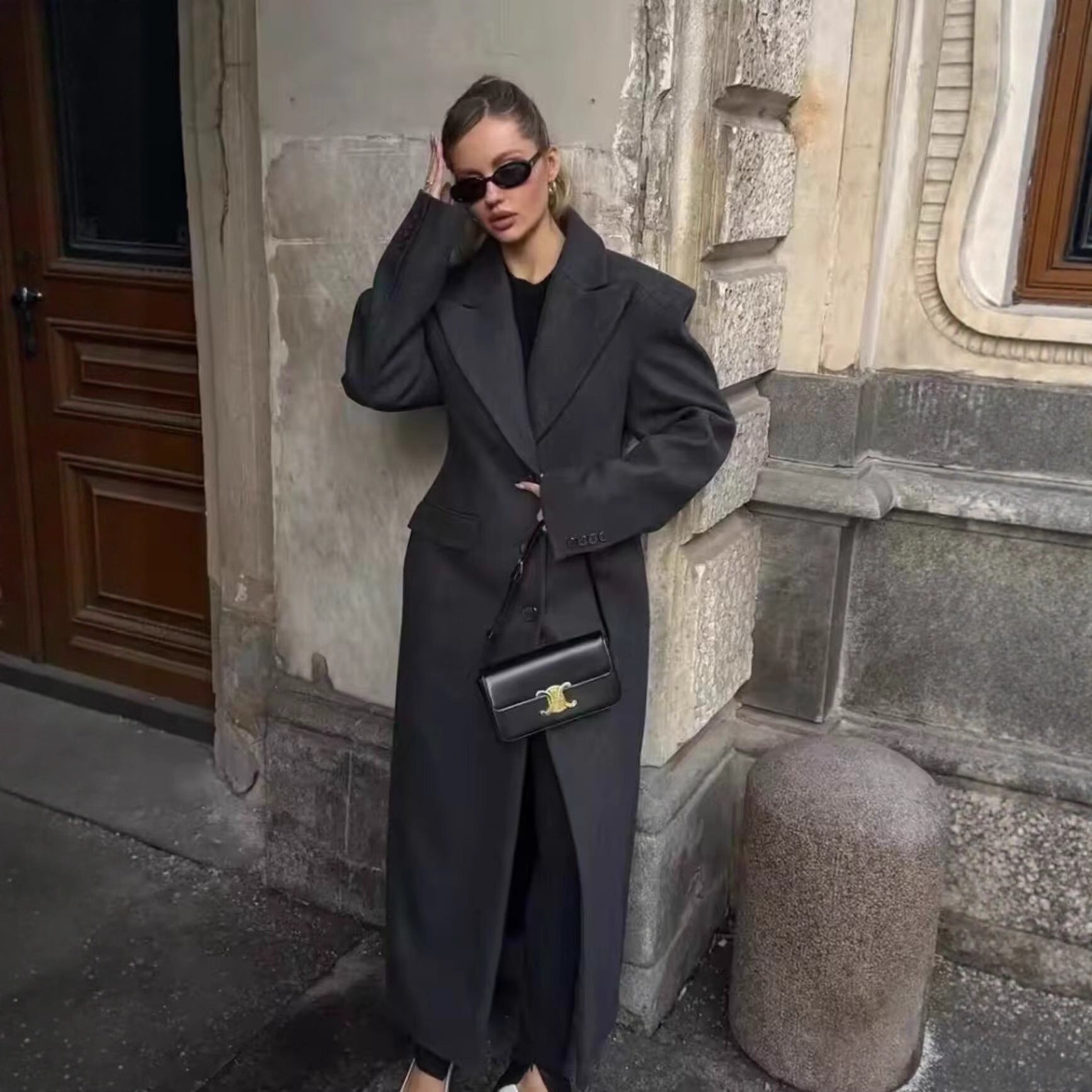 Women Longline Wool Blend Coat with Distinctive Lapels, Tailored Darts, and Flap Pockets Chichicherry