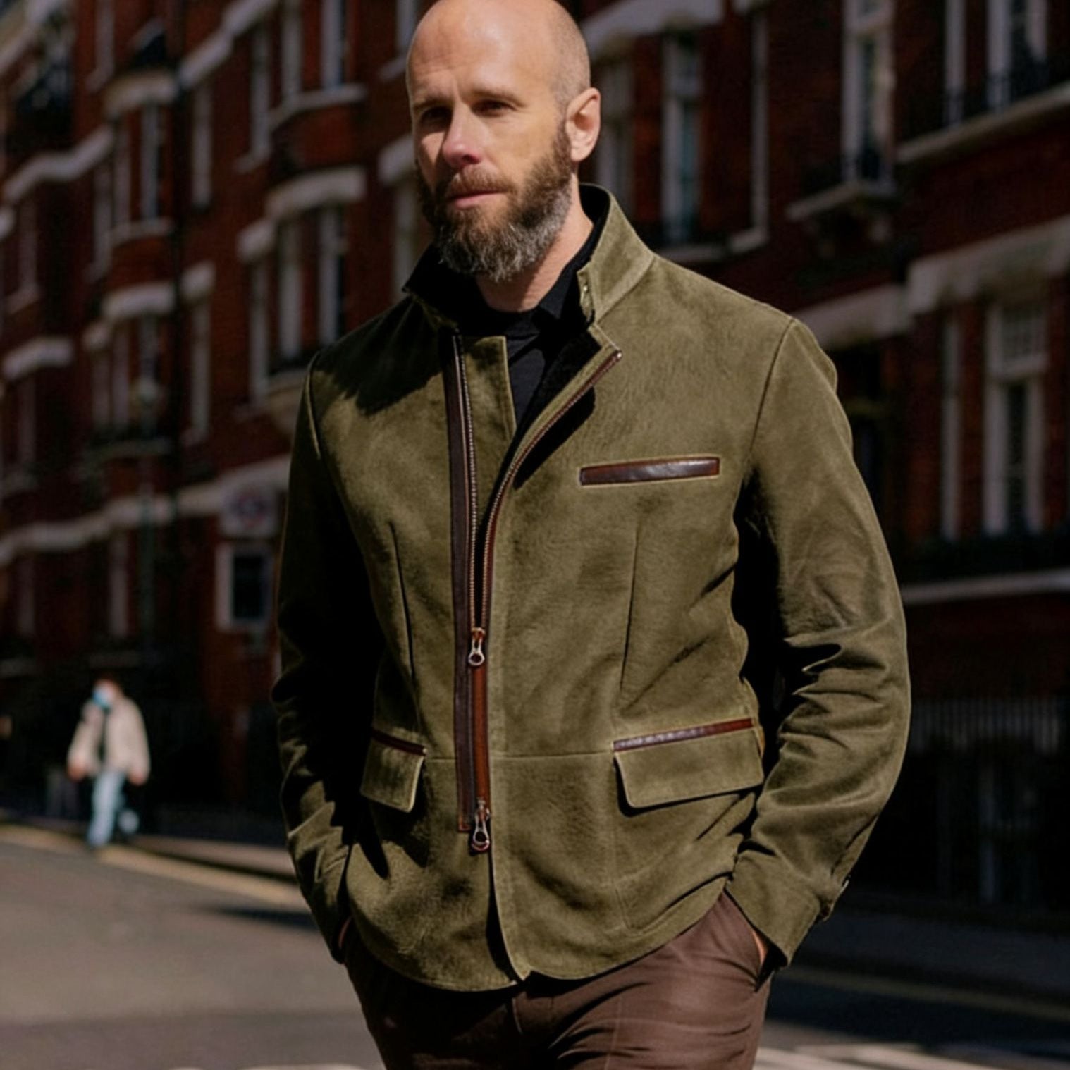 Men's leather jacket with high stand-up collar and asymmetrical two-way zipper Chichicherry
