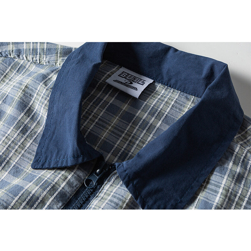 Men's Lightweight Checked Shirt Jacket with Contrast Collar, Full Zip and Hem Drawstring