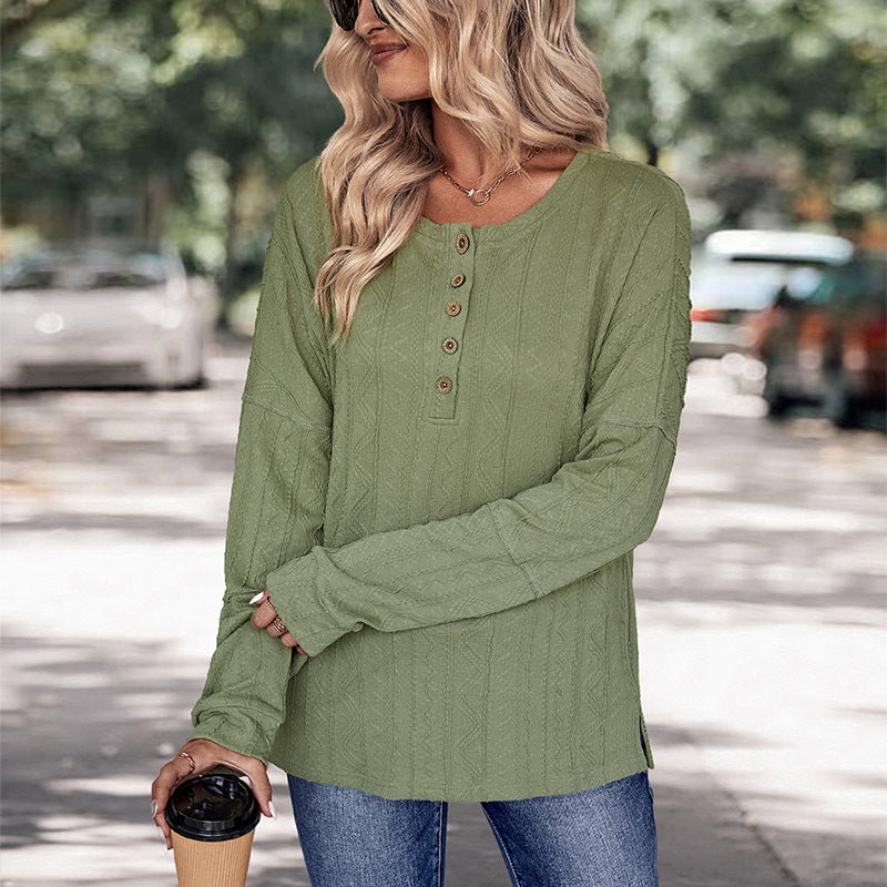 Women's Loose Knit Henley with Cable Pattern, Button Placket and Dropped Shoulder Chichicherry