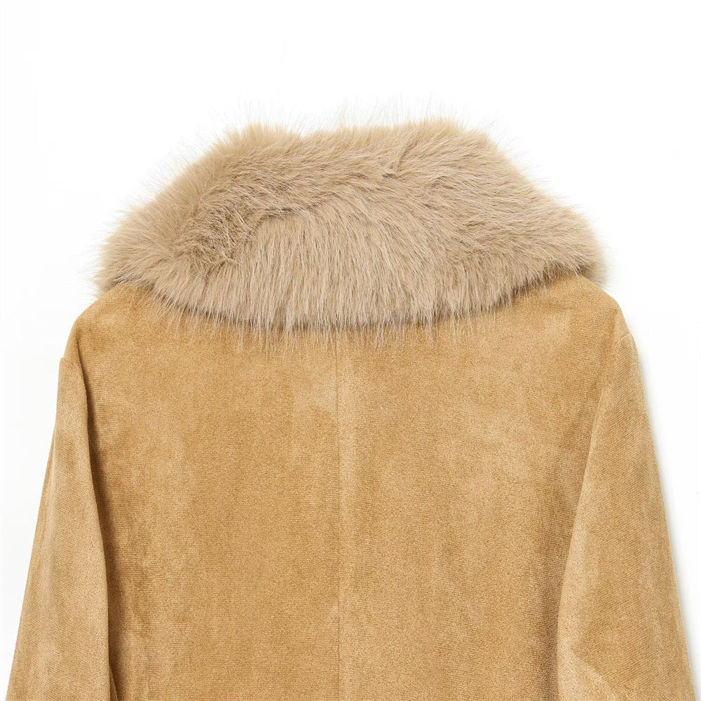 Women's short jacket made of faux suede with voluminous shawl collar and fur cuffs Chichicherry