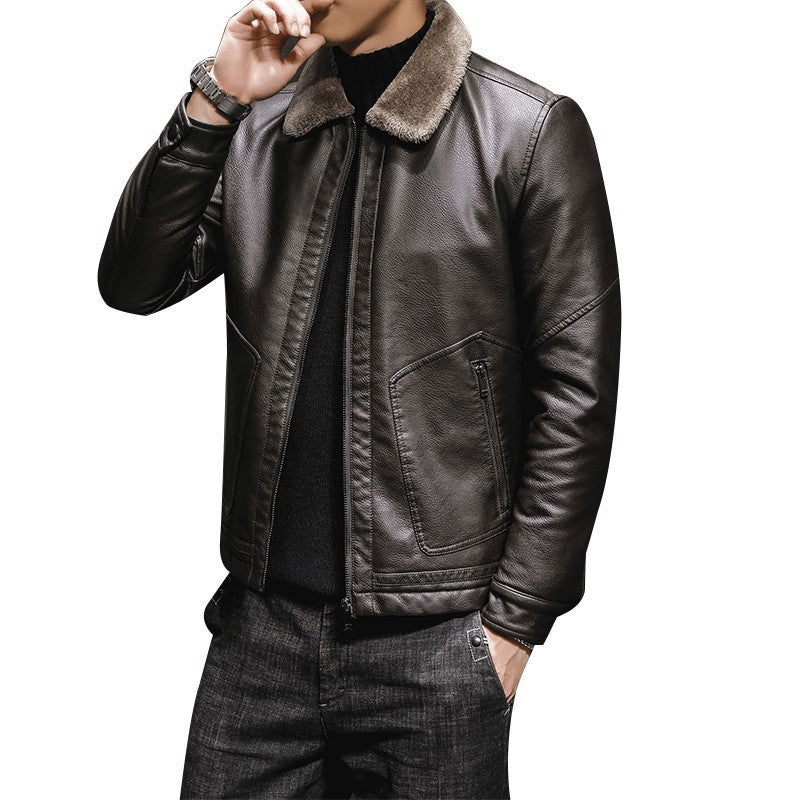 Men's Premium Faux Leather Flight Jacket with Contrasting Teddy Collar and Concealed Zipper Placket Chichicherry