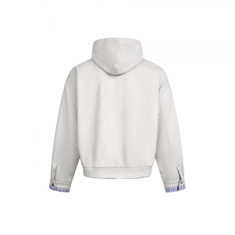 Men's Hooded Fleece Jacket with Checkered Lined Collar and Quilted Logo Applications Chichicherry