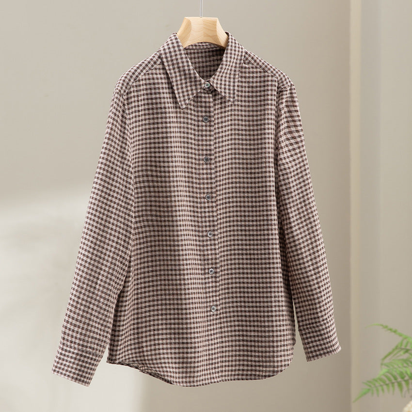 Women Checked Oversize Shirt Blouse with Kent Collar and Rounded Hem Chichicherry