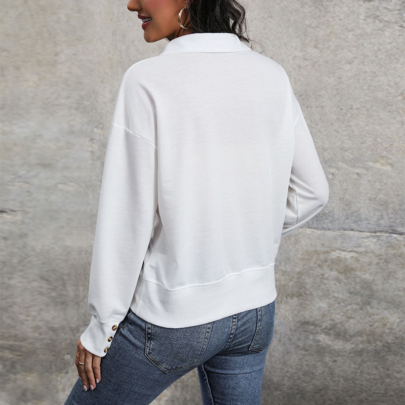 Women's Loose Sweatshirt Polo with V-Neck and Ribbed Hem Chichicherry