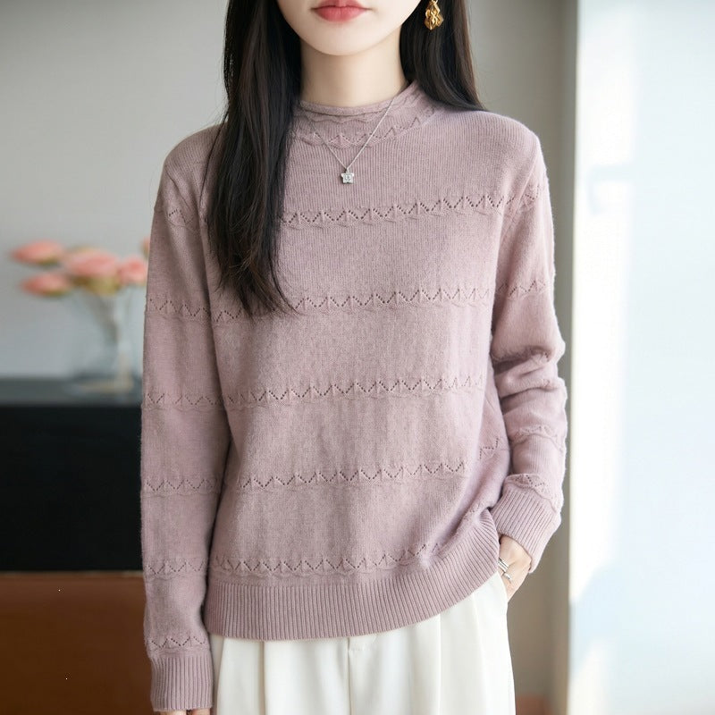 Women's Light Openwork Knit Sweater with Short Standing Collar and Fine Ribbed Hem Chichicherry
