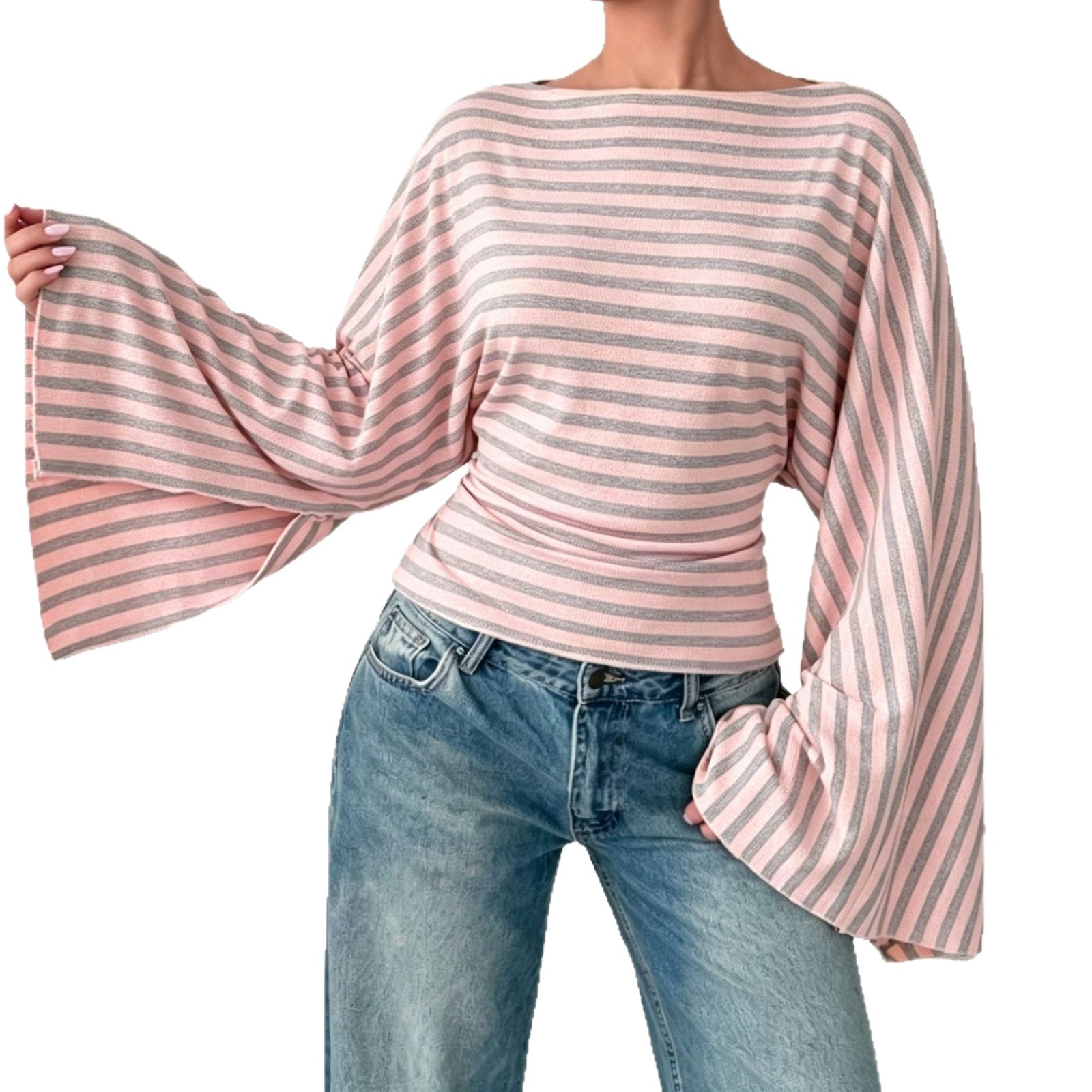 Women's Striped Shirt with Off-the-Shoulder Neckline, Fitted Silhouette and Bell Sleeves Chichicherry