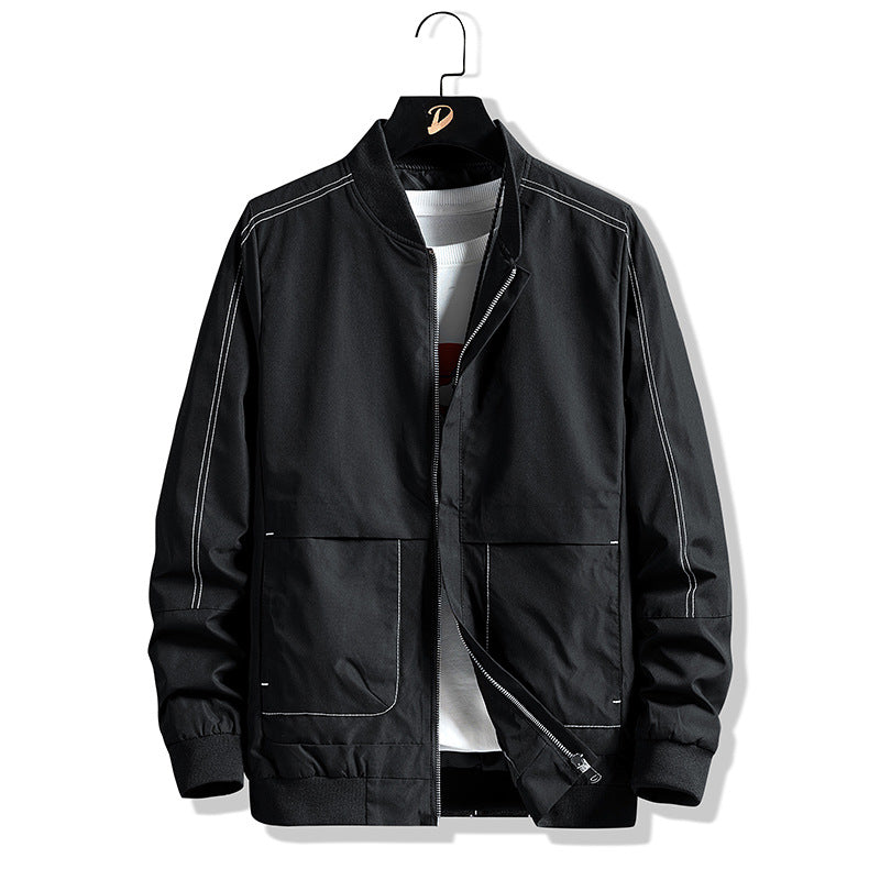 Men's Lightweight Bomber Jacket with Contrast Stitching, Zipper and Patch Pockets Chichicherry