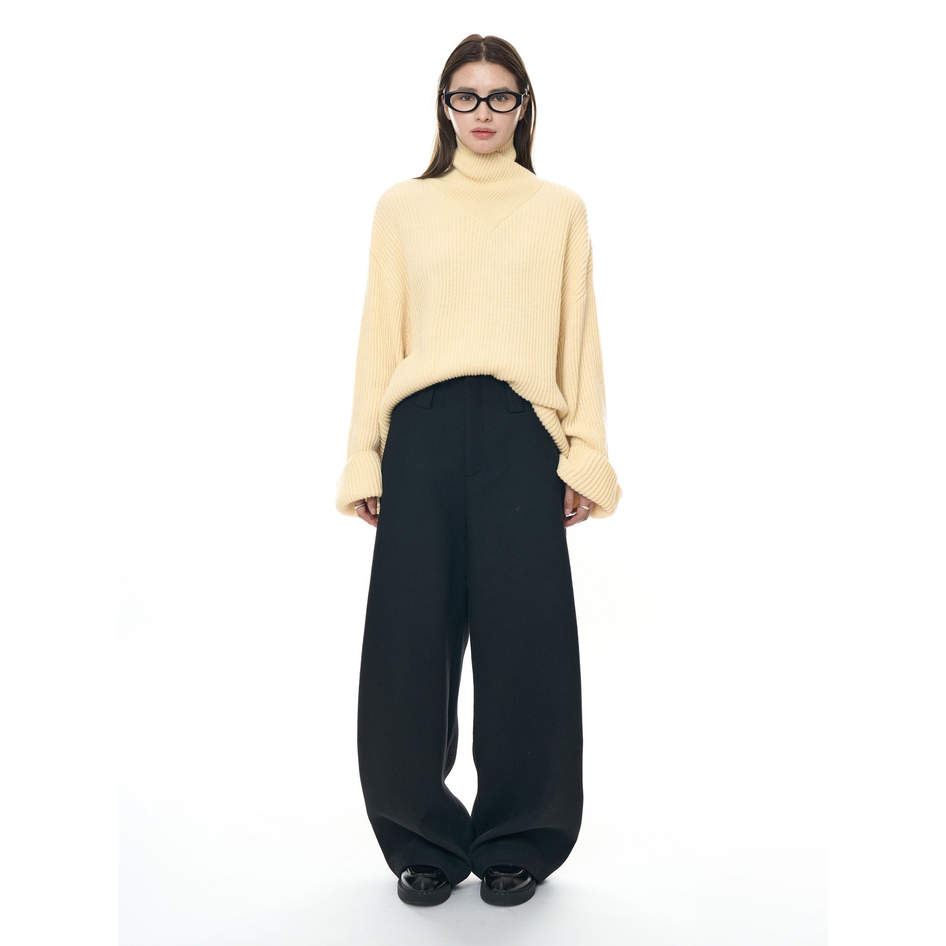 Women's Wide High-Waist Wool Blend Pants with Wide Legs, Belt Loops and Side Pockets Chichicherry