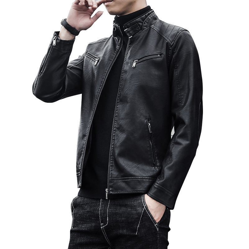 Men's Faux Leather Pilot Jacket with Stand-Up Collar and Zipper Pockets Chichicherry