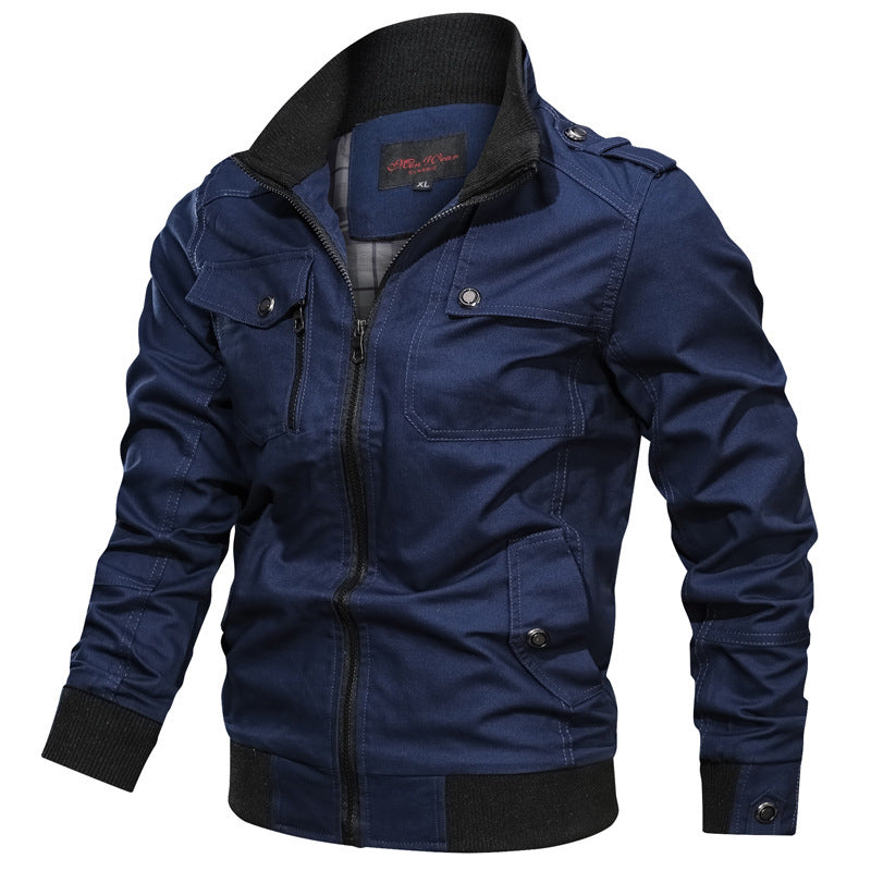 Men's Canvas Field Bomber Jacket with Ribbed Collar, Shoulder Flaps and Multi-Pockets Chichicherry