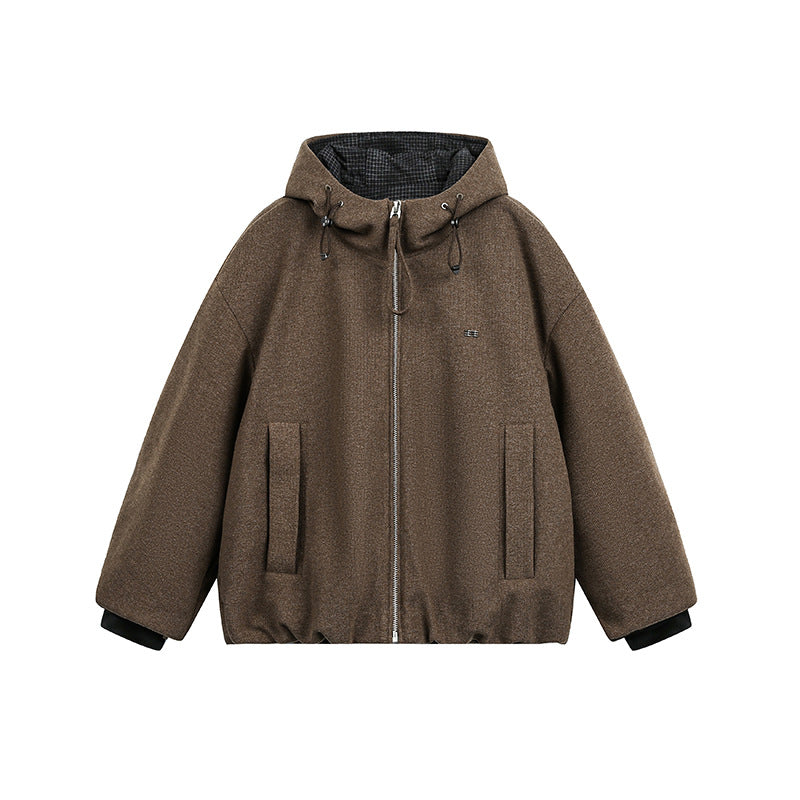 Men's Loose-Fitting Padded Wool Blend Hooded Jacket with Zip and Drawstring Chichicherry
