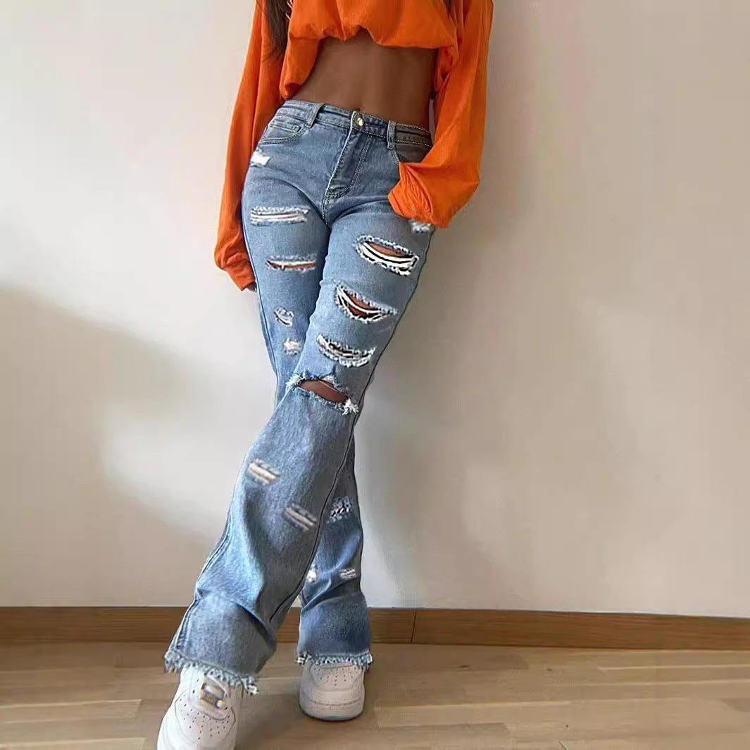 Women's High-Waisted Baggy Jeans in Vintage Ripped Design with Wide Leg and Frayed Hem Chichicherry