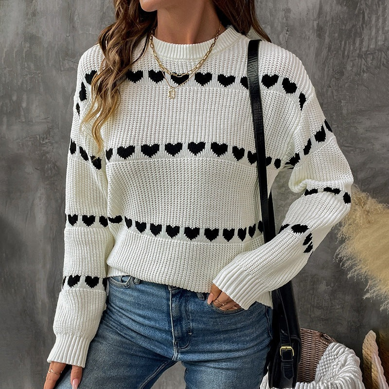 Women’s knit sweater with heart jacquard, round neckline, and casual oversized fit Chichicherry