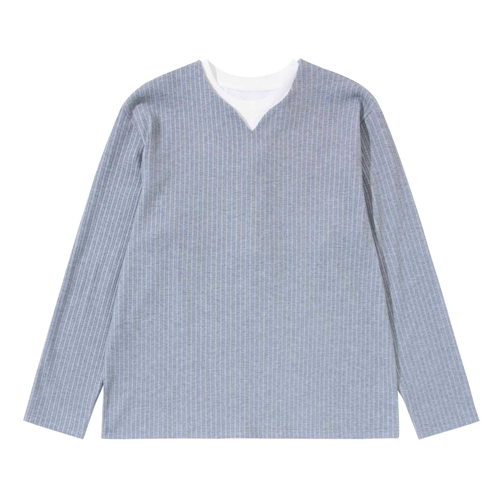 Unisex Ribbed Long Sleeve Pullover with V-Notch and Inserted Round Neck Underlayer Chichicherry
