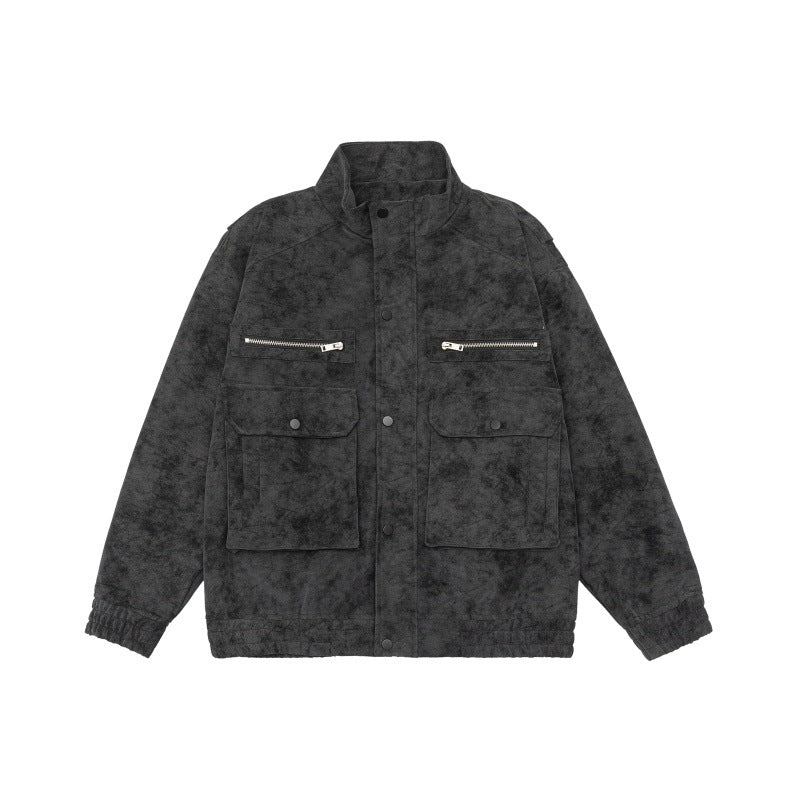 Men's Boxy Utility Blouson Jacket in Velour Look with Stand-up Collar and Multiple Pockets Chichicherry