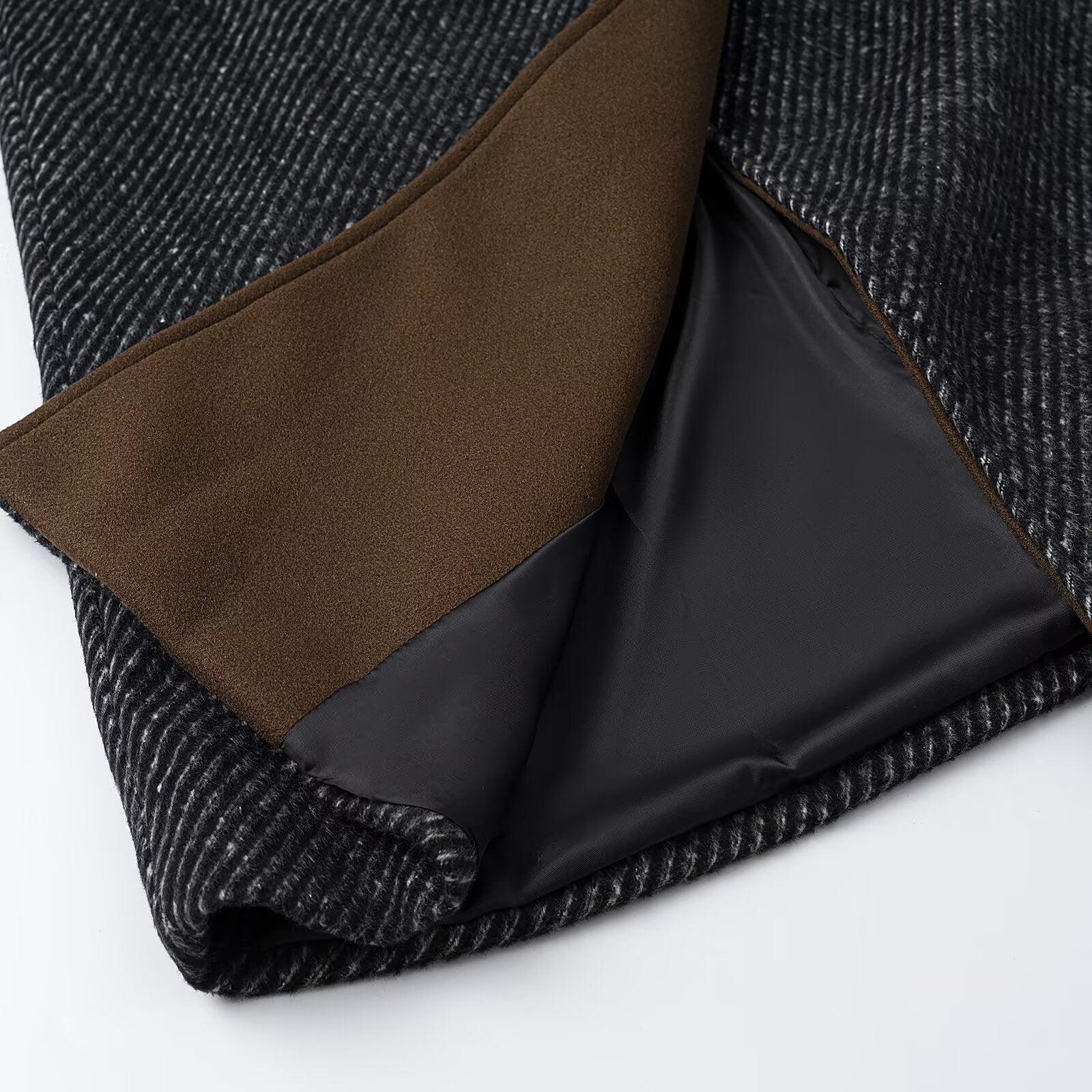 Women Long Wool Herringbone Coat with Tie Belt and Large Notched Collar Chichicherry