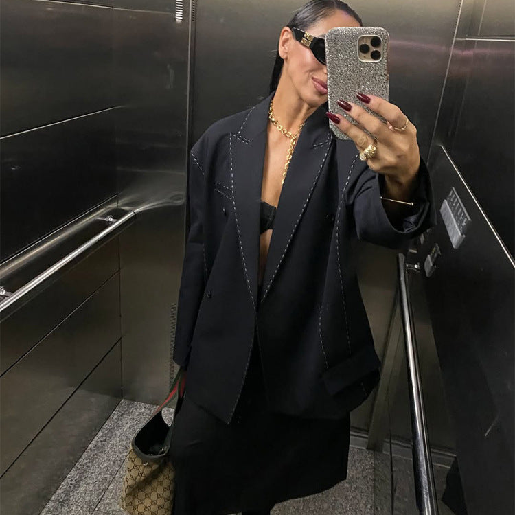 Women's Double-Breasted Oversized Blazer Coat with Distinctive Shoulder Area & Decorative Stitching Chichicherry