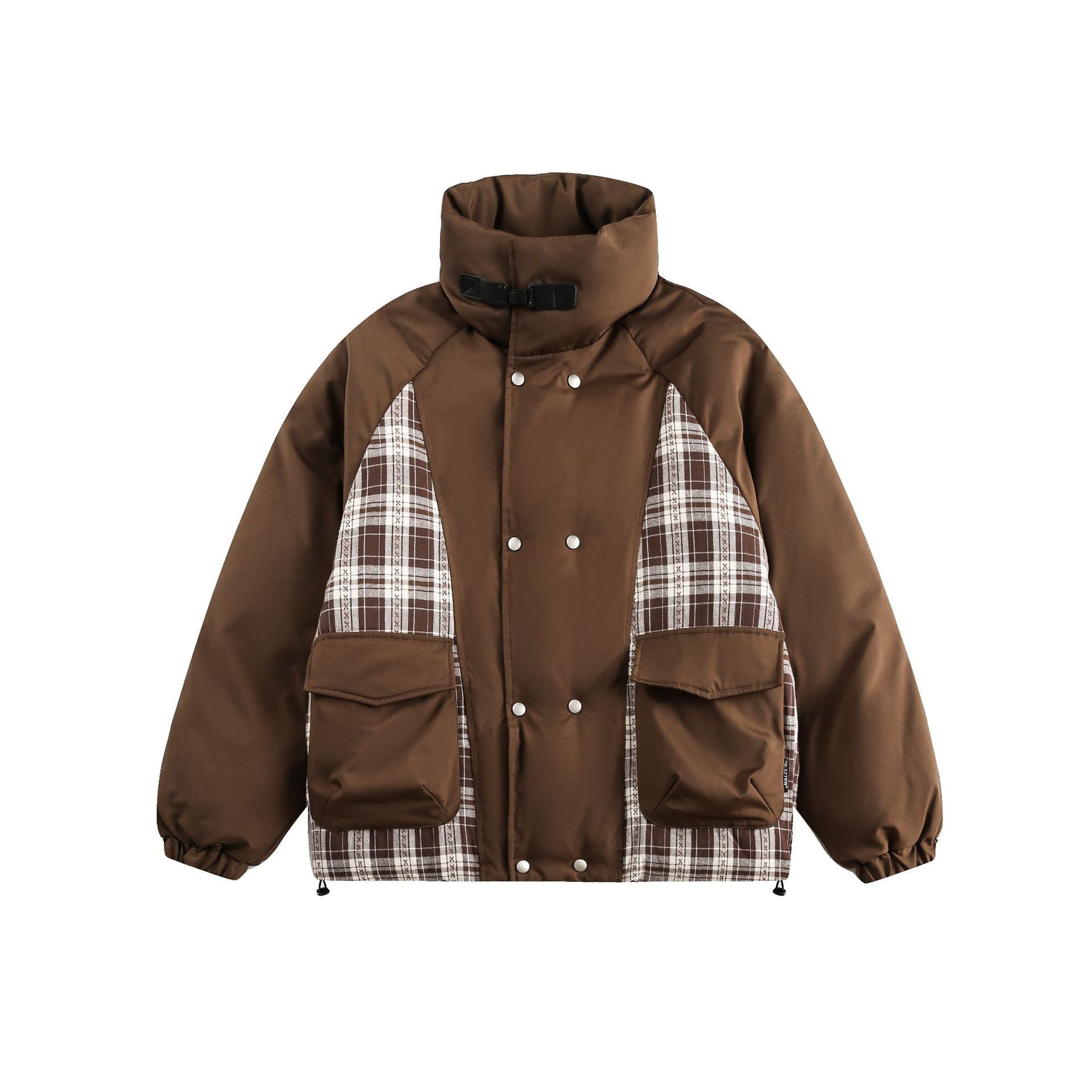 Unisex Oversize Stand Collar Puffer Jacket with Checked Insert Panel and Utility Pockets Chichicherry