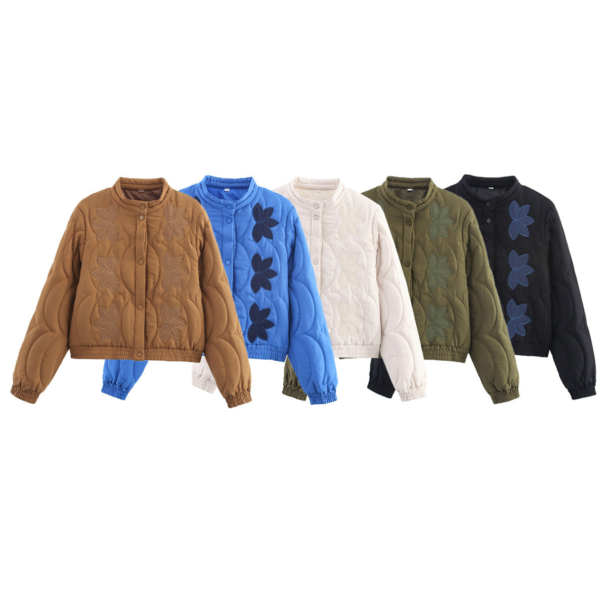 Women Short Quilted Blouson with Floral Quilted Application, Stand-up Collar and Elastic Waistband Chichicherry