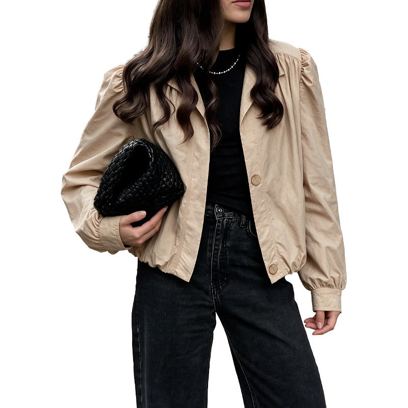Women Light Short Jacket with Balloon Sleeves, Puff Shoulders & Elastic Hem Chichicherry