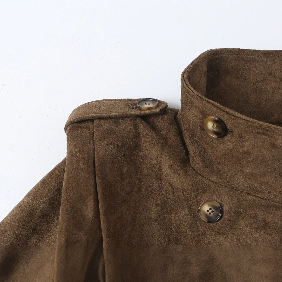 Women Short Double-Breasted Suede Jacket with Stand-Up Collar and Epaulettes Chichicherry