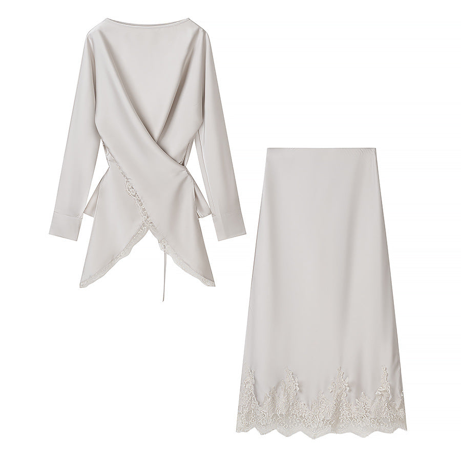 Women Two-Piece Silky Shimmering Wrap Blouse and Midi Skirt Set with Lace Edge Chichicherry