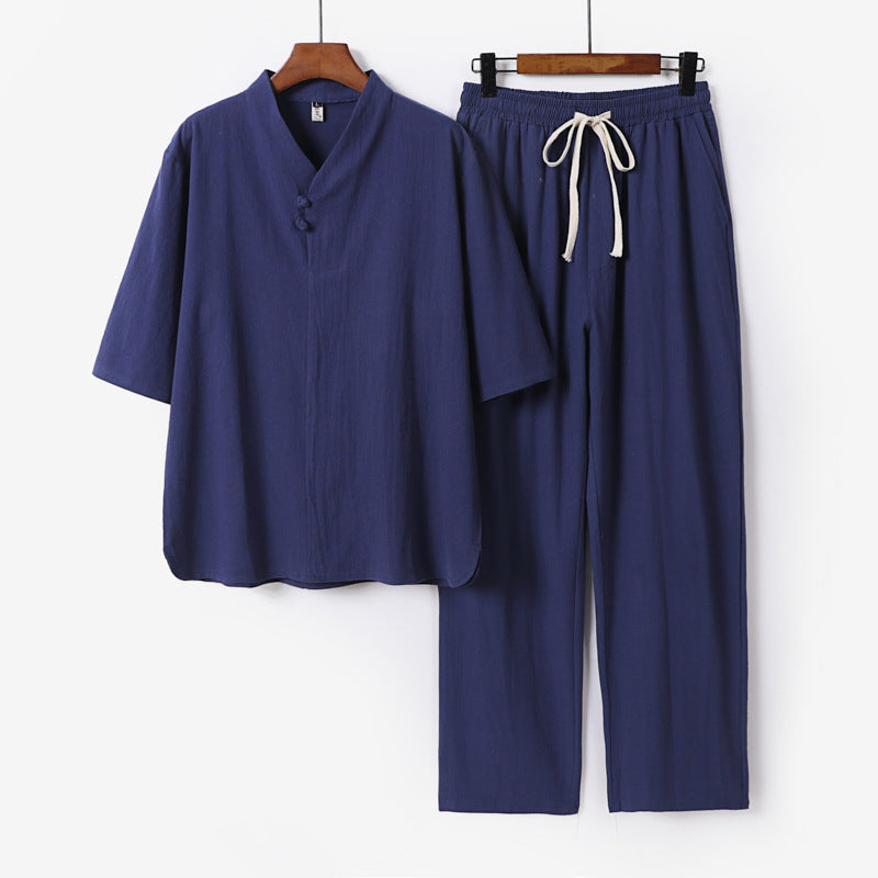 Men's Two-Piece Lightweight Loungewear Set with Stand Collar Short Sleeve Shirt and Drawstring Pants Chichicherry