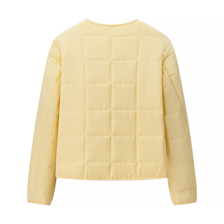 Women Lightweight Quilted Short Jacket with Crew Neck and Patch Pockets Chichicherry