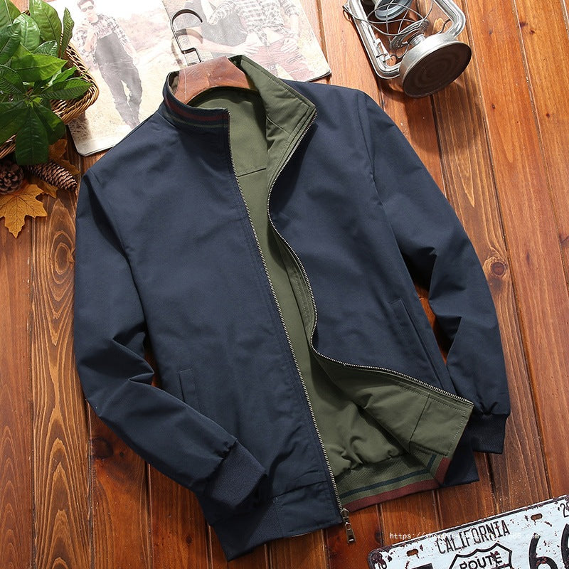 Men's Lightweight Bomber Jacket in Urban Utility Look with Striped Ribbed Cuffs & Zipper Pockets Chichicherry