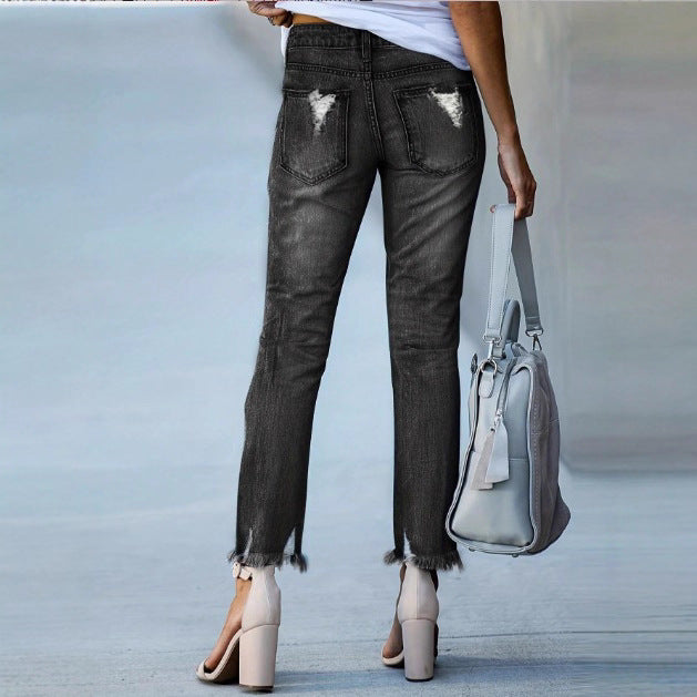 Women Cropped Destroyed Jeans with High Waist, Straight Leg & Raw Frayed Hem Chichicherry