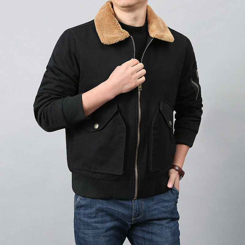 Men's Short Cut Bomber Jacket in Pilot Style with Teddy Collar, Utility Pockets and Ribbed Cuffs Chichicherry