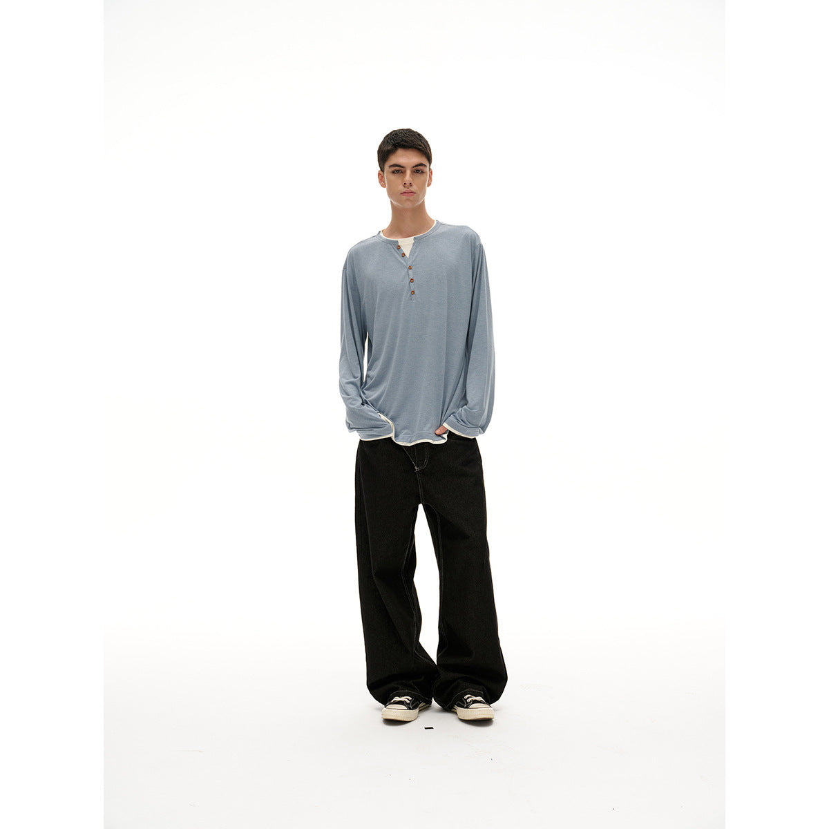 Unisex cotton blend henley shirt with double-layer collar and wooden button placket Chichicherry