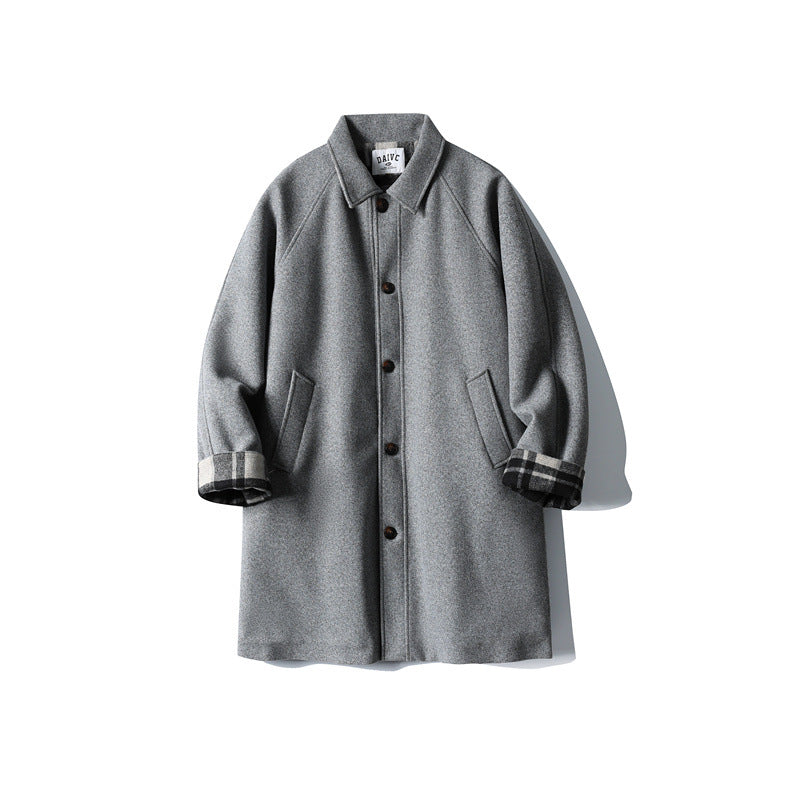 Men's Wool Blend Coat with Checked Lining, Raglan Sleeves and Classic Shirt Collar Chichicherry