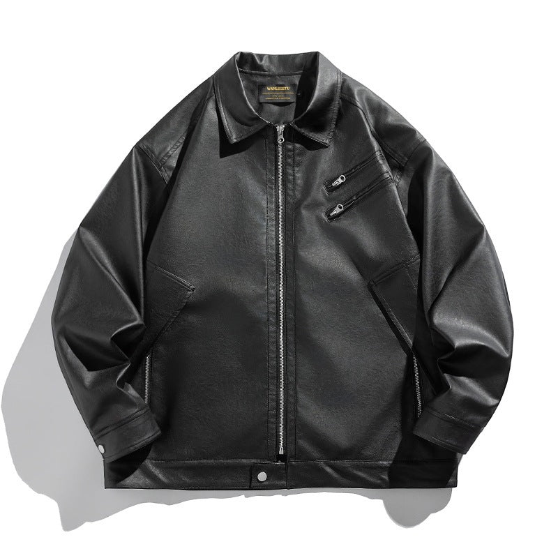 Unisex Boxy Faux Leather Blouson Jacket with Shirt Collar, Diagonal Chest Zip and Snap Hem Chichicherry