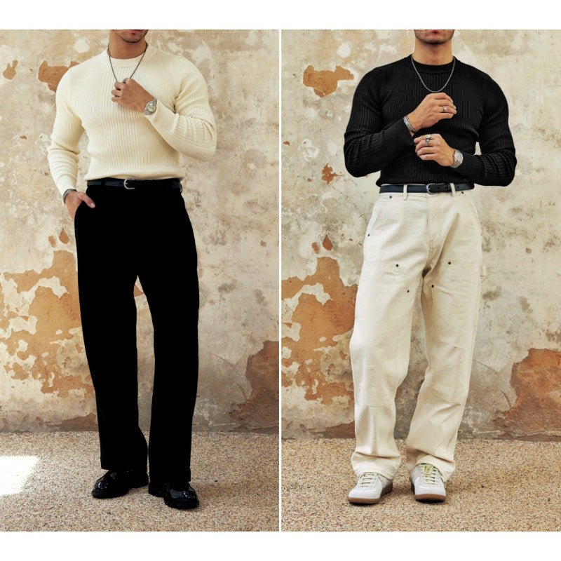Herren Figurbetonter Rippstrick-Pullover mit Rundhalsausschnitt Chichicherry