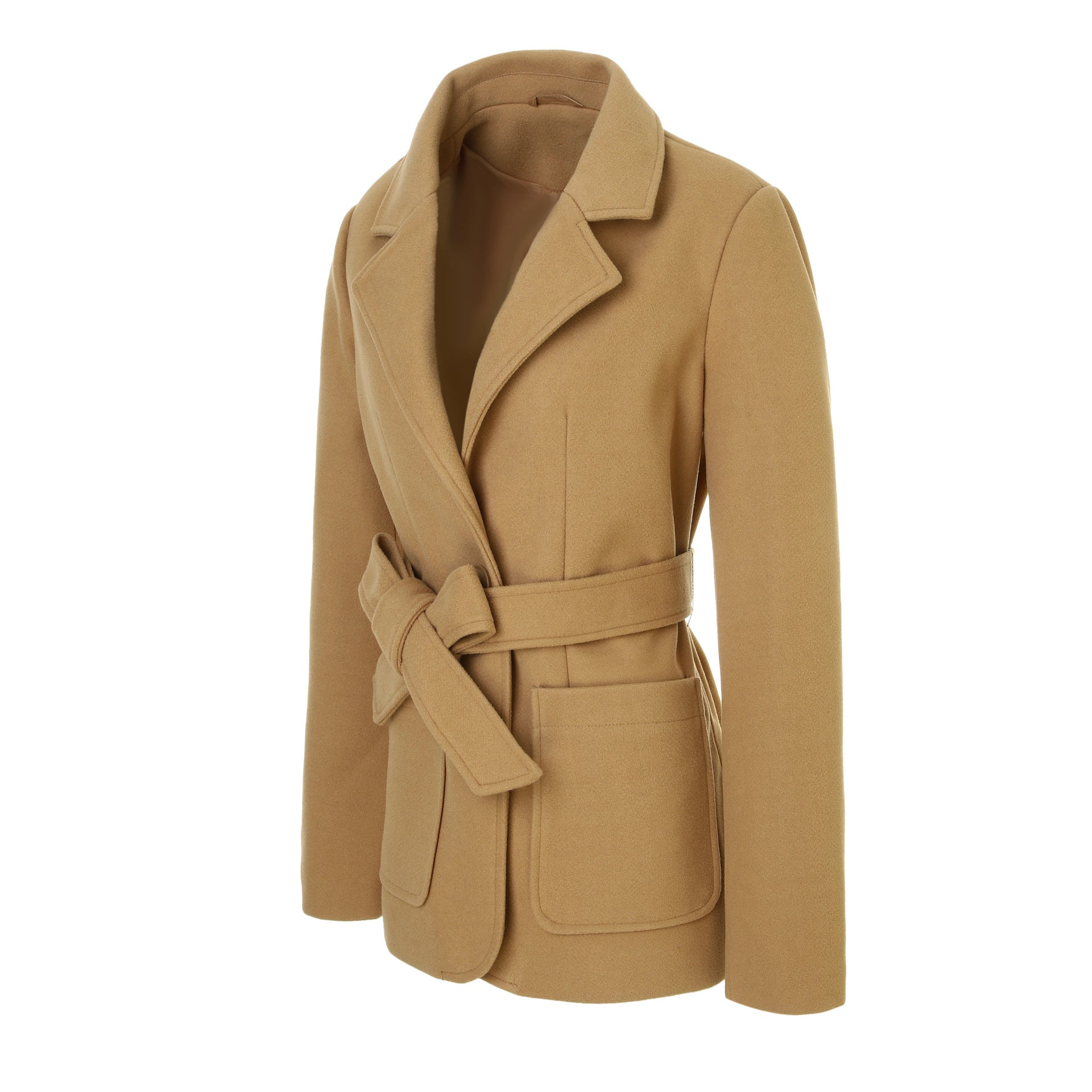 Women Tailored Short Coat with Tie Belt and Notched Collar Chichicherry
