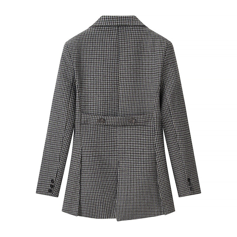 Women Houndstooth Blazer Inspired by Morning Coat with Cutaway Hem and Double-Breasted Button Placket Chichicherry