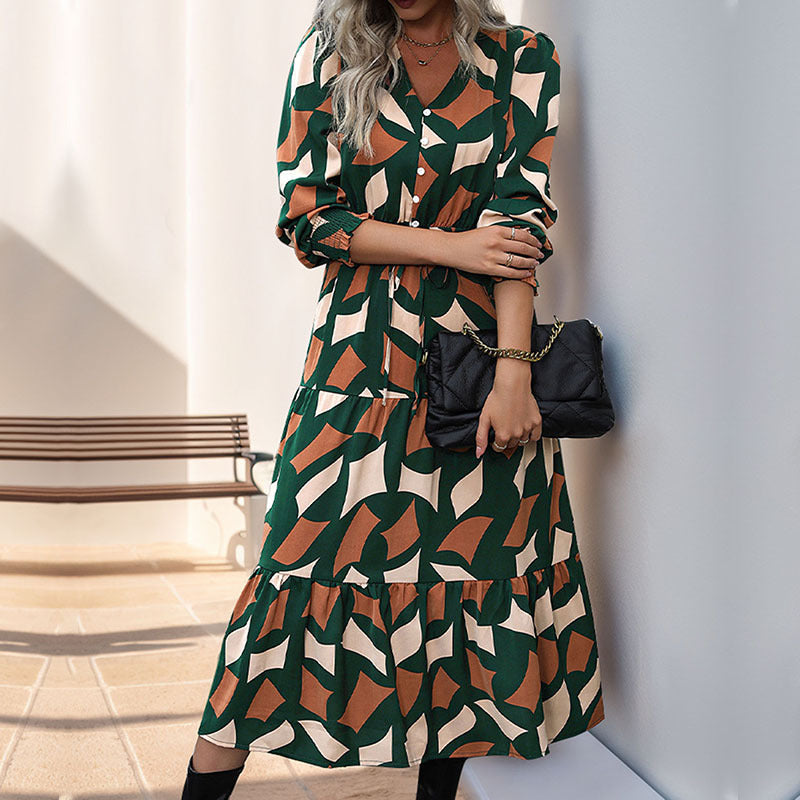 Women's Long Tiered Maxi Dress with Graphic Print, V-Neck, Drawstring Waist and Gathered Cuffs Chichicherry