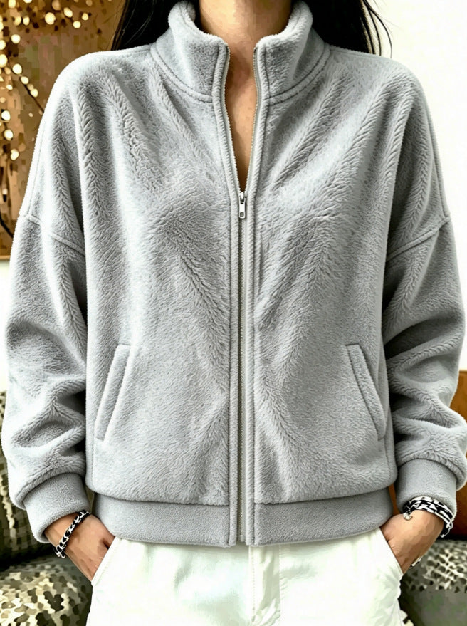Women's Soft Fleece Short Jacket with Stand-Up Collar, Insert Pockets and Oversized Shoulder Chichicherry