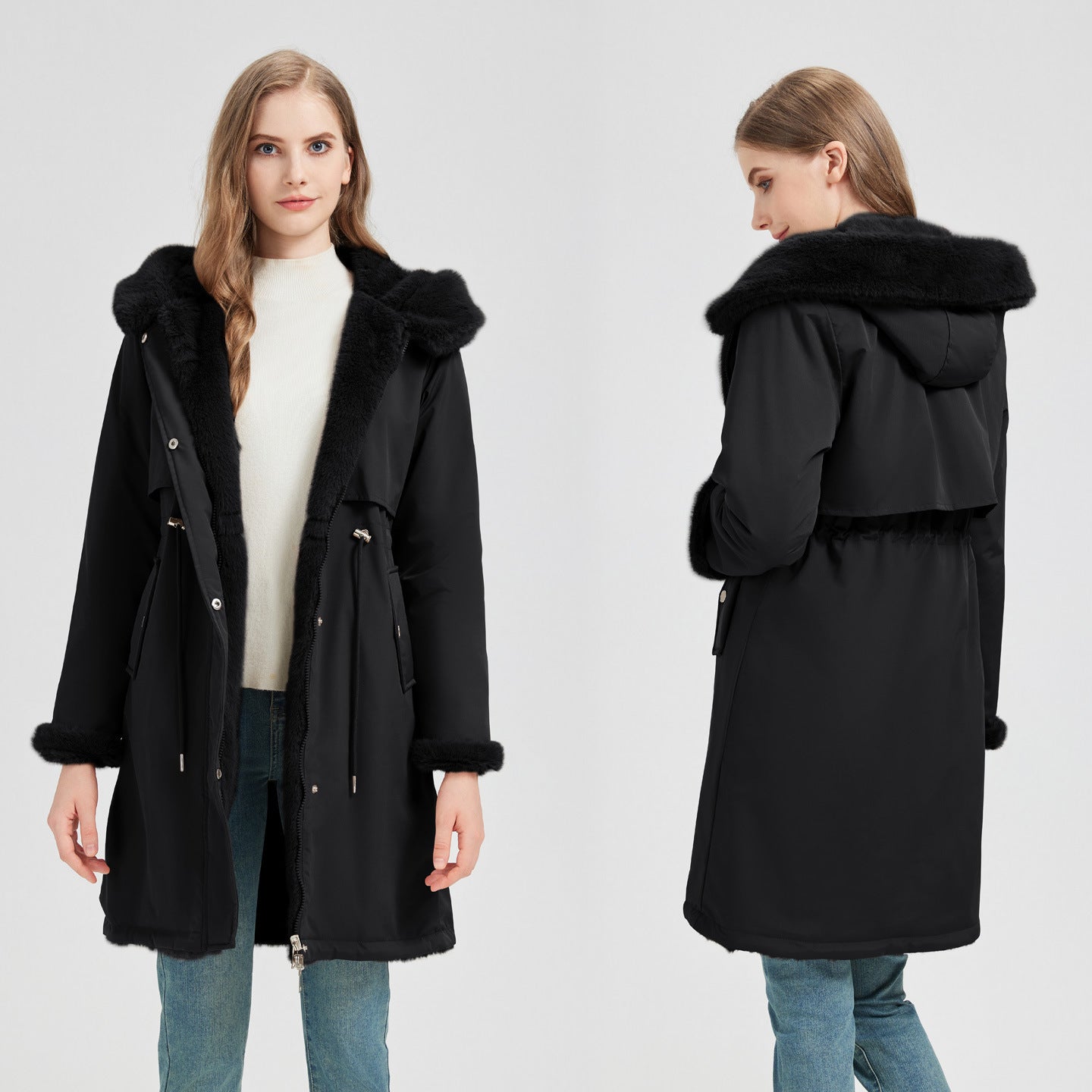 Women's tailored long thermal parka with faux fur trim on hood and sleeves as well as drawstring waist Chichicherry
