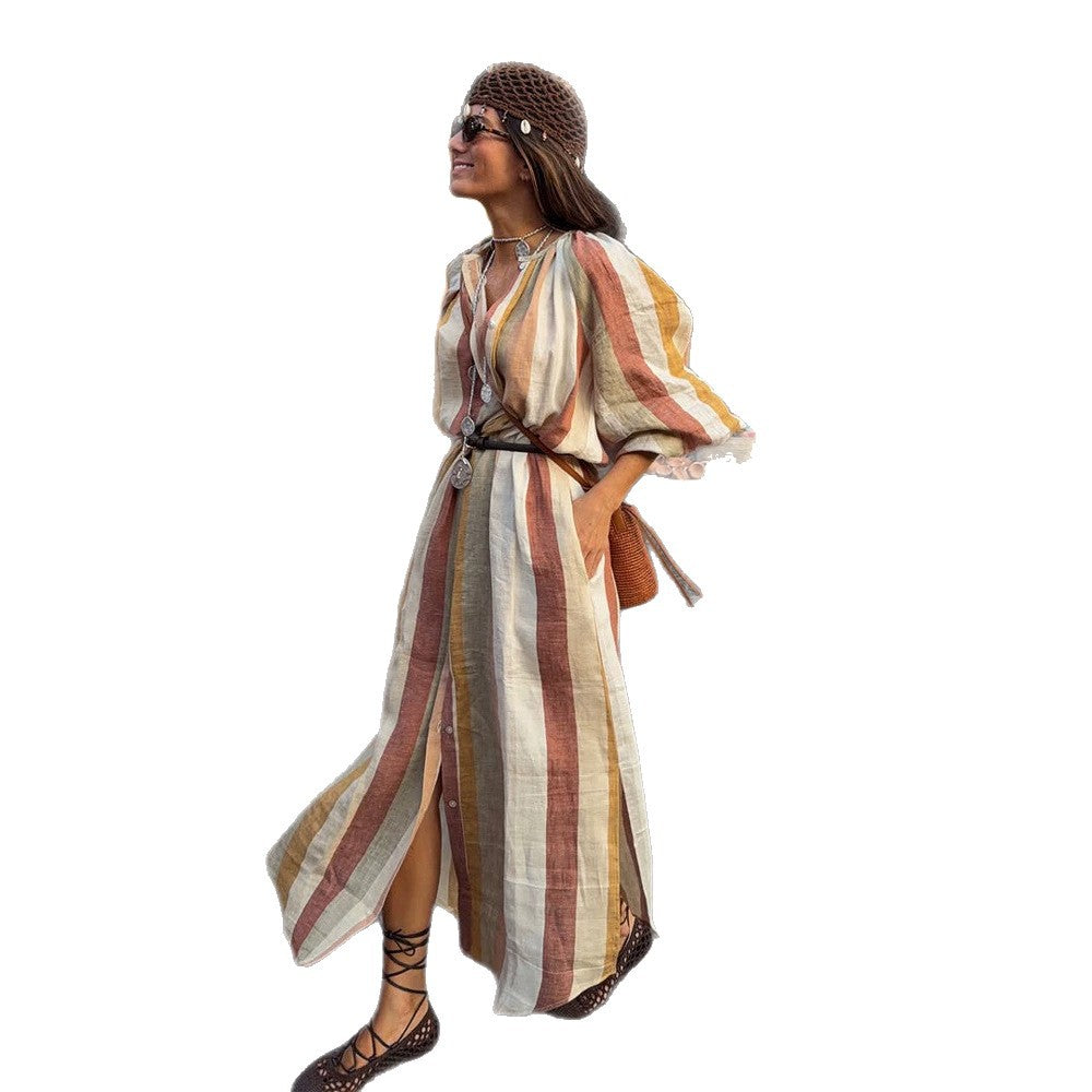 Women's Striped Linen Maxi Dress in Boho Style with Balloon Sleeves, Side Slit and Waist Belt Chichicherry