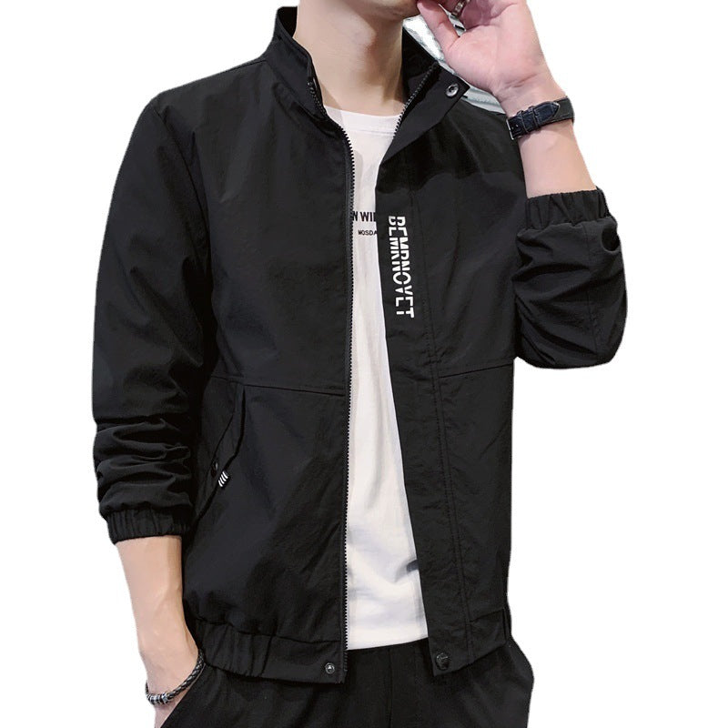 Men's Light Bomber Jacket with Stand-Up Collar, Elastic Hem and Flap Pockets Chichicherry