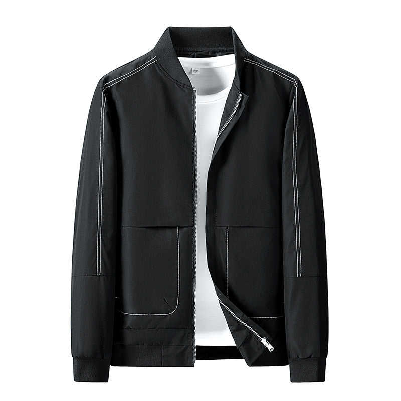 Men's Lightweight Bomber Jacket with Contrast Stitching, Zipper and Patch Pockets Chichicherry