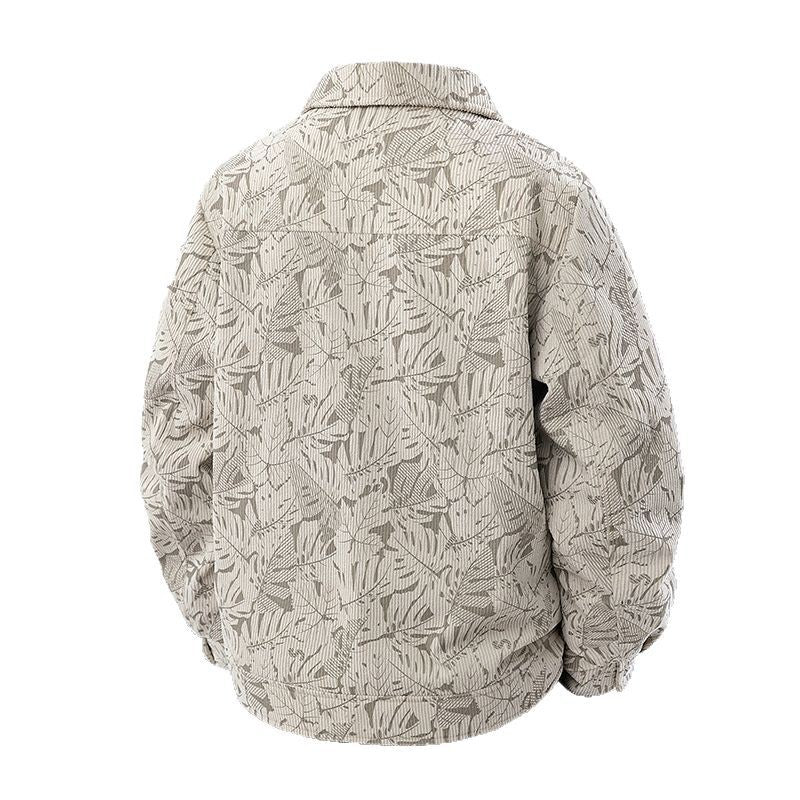 Men's corduroy trucker jacket with jacquard leaf pattern and snap button placket Chichicherry