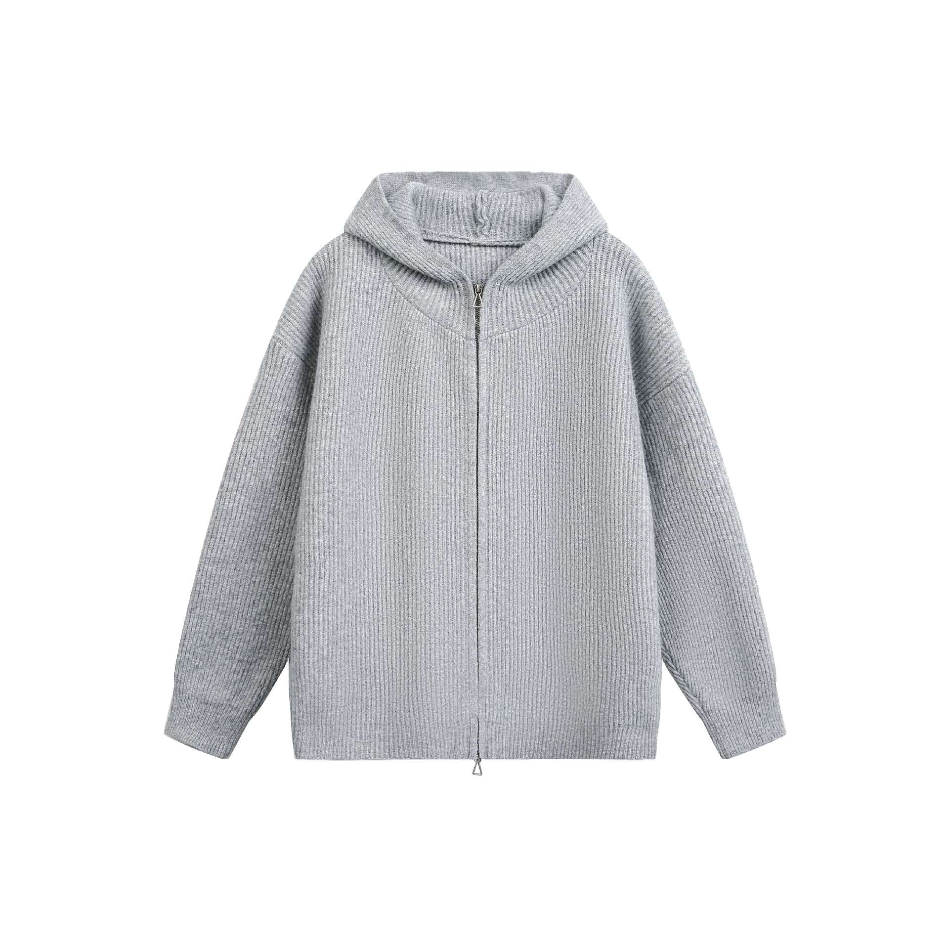 Women's Chunky Ribbed Hooded Zip Jacket with Stand-Up Collar and Two-Way Zipper Chichicherry