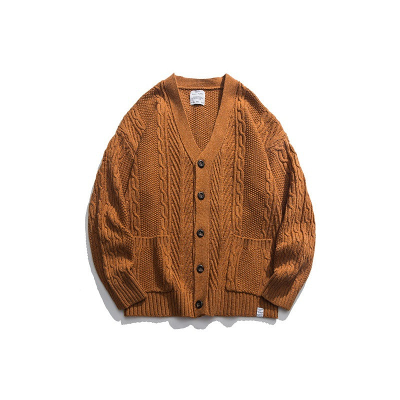Unisex Oversized Knit Cardigan with Cable Pattern, V-Neck and Patch Pockets Chichicherry