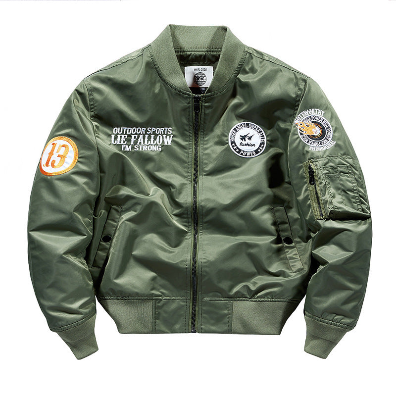 Men's lightweight pilot bomber jacket with badge appliqués, arm pocket, and ribbed cuffs Chichicherry