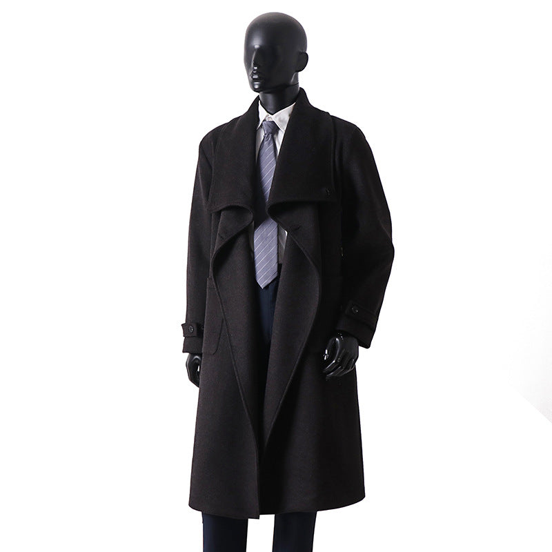 Men's Elegant Long Coat made of Wool Blend with Generous Shawl Collar and Roll-Up Cuffs Chichicherry